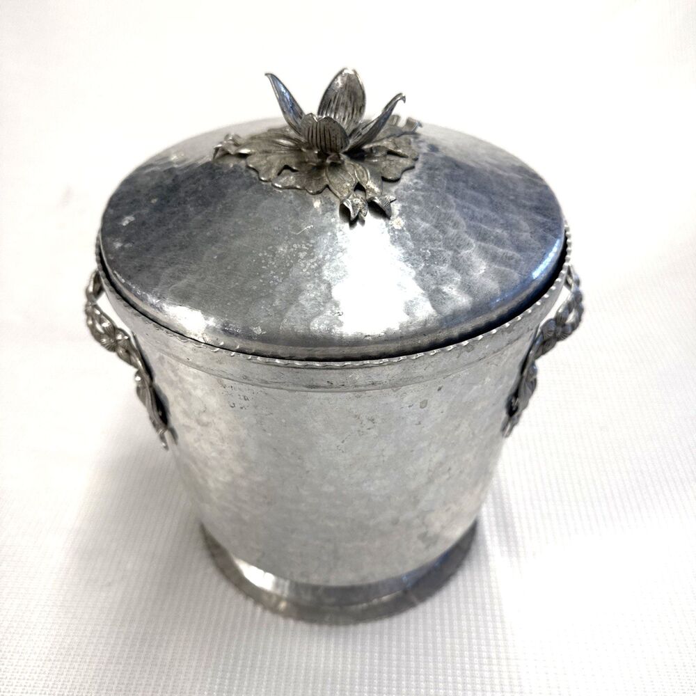Vintage Hammered Aluminum Ice Bucket Rose Bud Floral Trim Handle Art Nouveau MCM